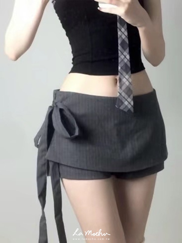 中腰綁帶條紋褲裙